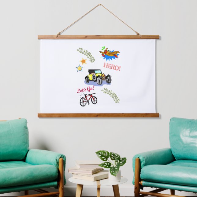 Wood ToppedWall Tapestry Hero Bicycle Car Airplane (Living Room)