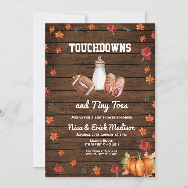 Wood Touchdown Tiny Toes Football Couples Shower Invitation (Front)