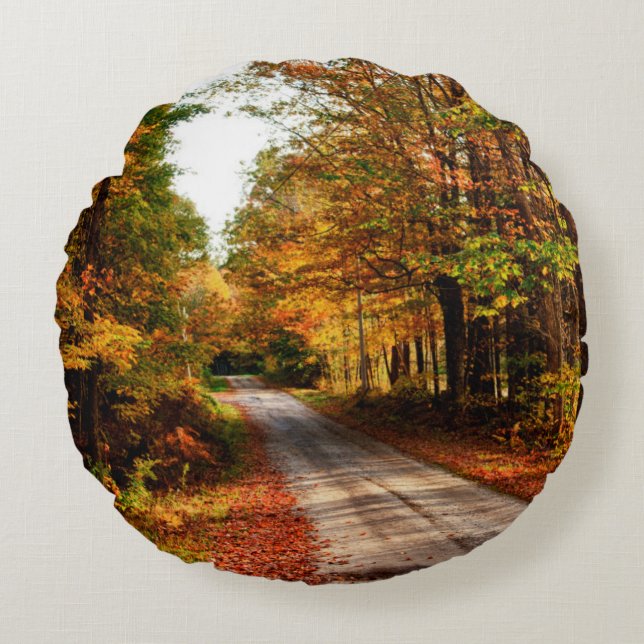 Wood trail with fall foliage round pillow (Front)