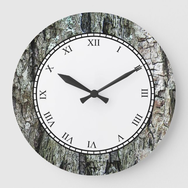 Wood Tree Bark Roman Digits Large Clock (Front)