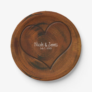 Wood Tree Stump With Carved Heart Rustic Wedding Paper Plate