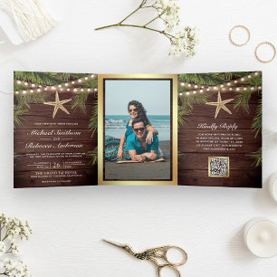 Wood Tropical Palm Leaves Starfish QR Code Wedding Tri-Fold Invitation