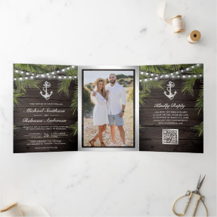 Wood Tropical Palm Silver Anchor QR Code Wedding Tri-Fold Invitation