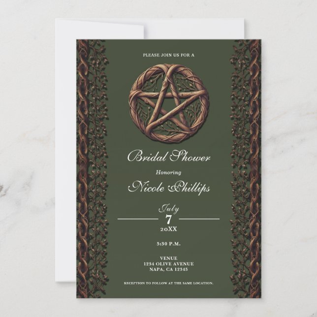 Wood Twig Pentacle Olive Green Wicca Bridal Shower Invitation (Front)