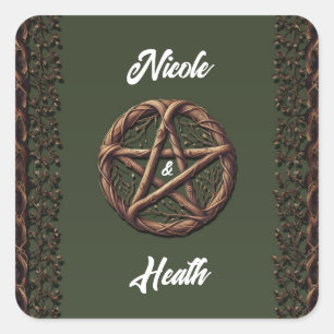 Wood Twig Pentacle Olive Green Wiccan Wedding Square Sticker