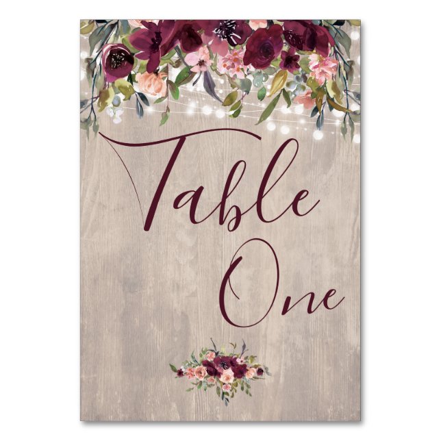 Wood Watercolor Florals with Light Strings Table Number (Front)