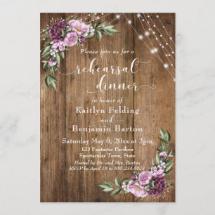 Wood, Watercolor Flowers & Lights Rehearsal Dinner Invitation