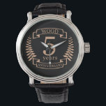 Wood wedding anniversary 5 years watch<br><div class="desc">A design to celebrate 5 years of marriage. This design has a tan (wood) coloured laurel design on a black background. Wood is the traditional gift for this occasion. The text reads Wood 5 years anniversary. A romantic design to celebrate your 5th year of marriage. If you would like any...</div>