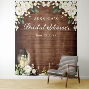 Wood White Rose Bridal Shower Photo Booth Backdrop Tapestry