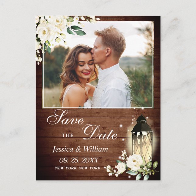 Wood White Rose Rustic PHOTO Wedding Save the Date Postcard (Front)