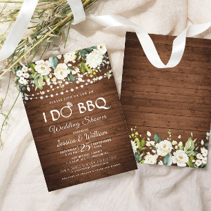 Wood & White Roses Floral I Do BBQ Wedding Shower Invitation