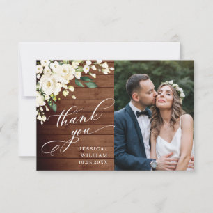 Wood & White Roses Floral Lantern Photo Thank You Card