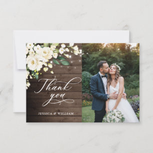 Wood & White Roses Floral Lantern Photo Thank You Card