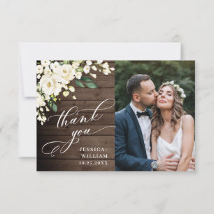Wood & White Roses Floral Lantern Photo Thank You Card