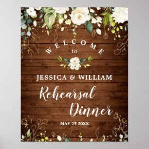 Wood & White Roses Floral Rehearsal Dinner Sign