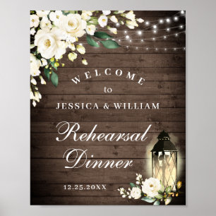 Wood & White Roses Floral Rehearsal Dinner Sign