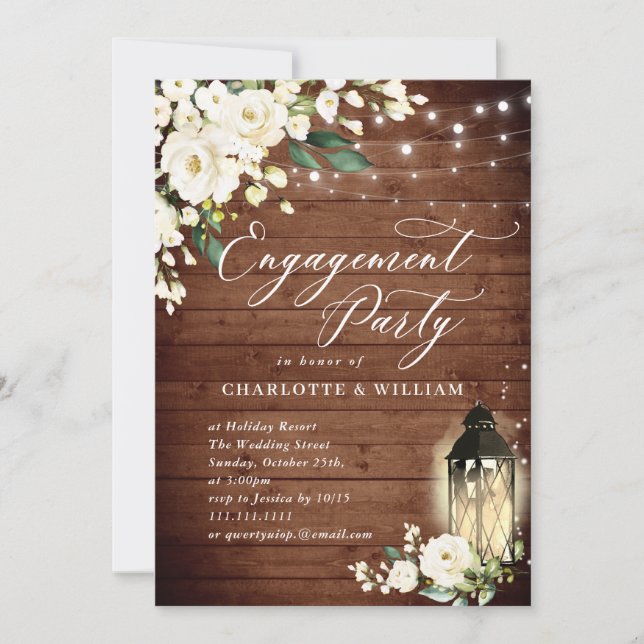 Wood White Roses & Lantern ENGAGEMENT PARTY Invitation (Front)