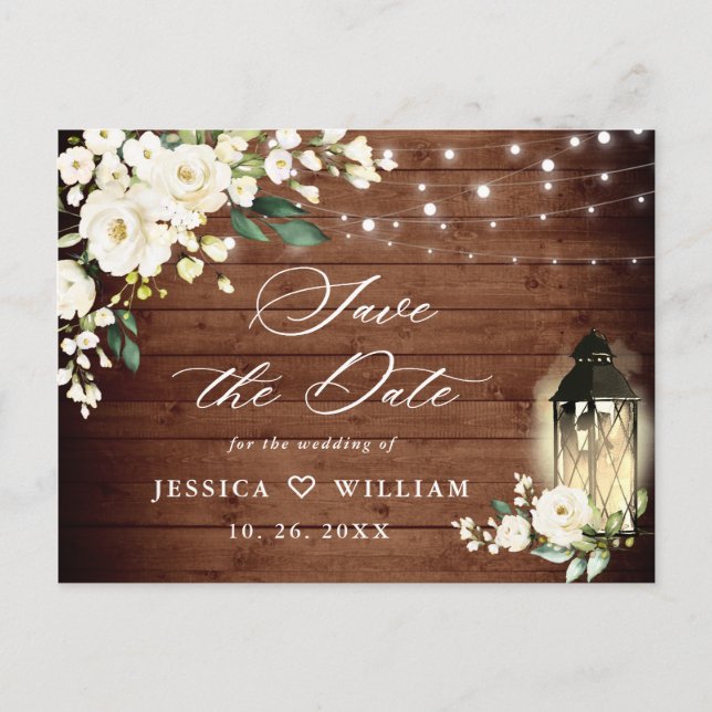 Wood White Roses Rustic Wedding Save the Date Postcard (Front)