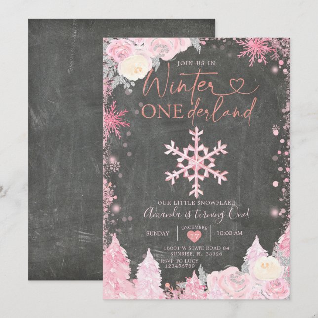Wood Winter Onederland Pink Snowflake Birthday  Invitation (Front/Back)