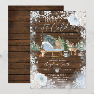 Wood Winter Pastel Blue Snowflake Baby Shower  Invitation