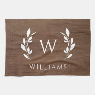 Wood Wreath Initial Monogram Last Name Kitchen Towel