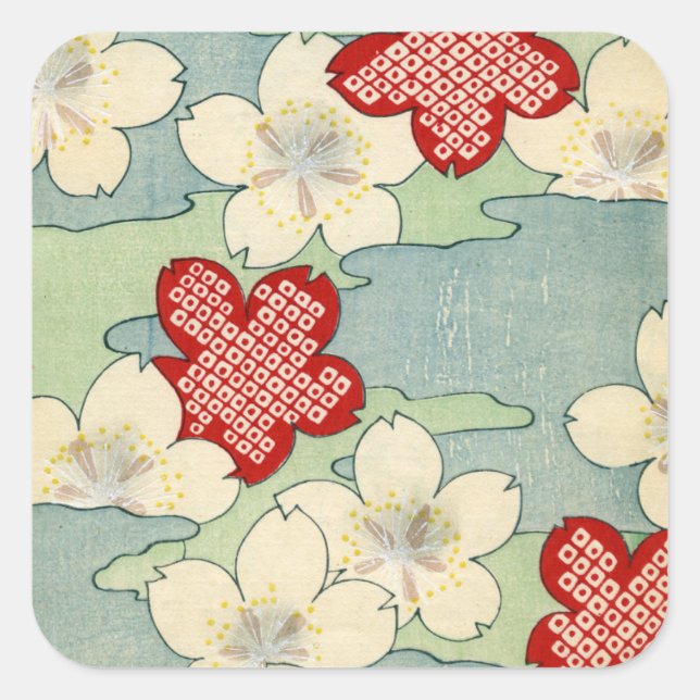 Woodblock Print of Dogwood Blossoms Square Sticker (Front)