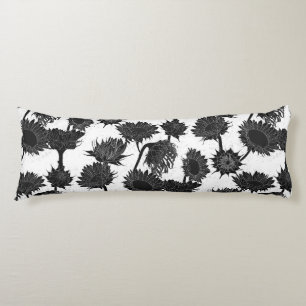 Woodblock Print Sunflower black & white Body Pillow