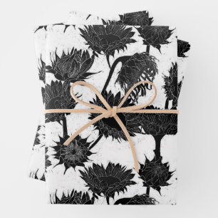 Woodblock Print Sunflower black & white Wrapping Paper Sheet