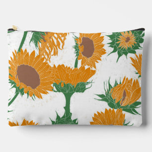 Woodblock Print Sunflower orange Accessory Pouch