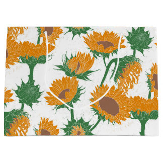 Woodblock Print Sunflower orange Large Gift Bag