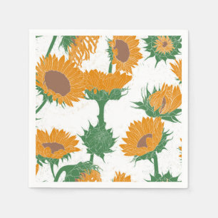 Woodblock Print Sunflower orange Napkin