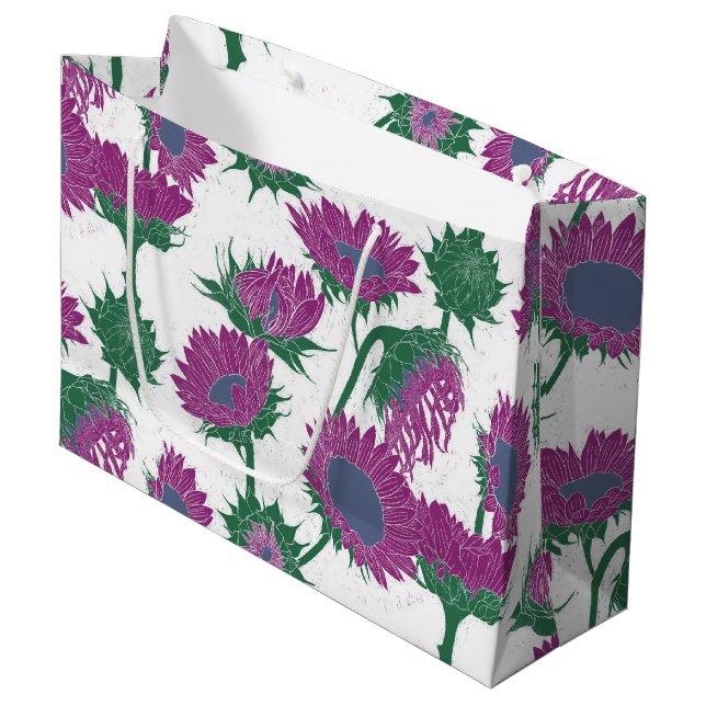 Woodblock Print Sunflower pink Large Gift Bag (Front Angled)
