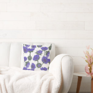 Woodblock Print Sunflower purple Throw Pillow