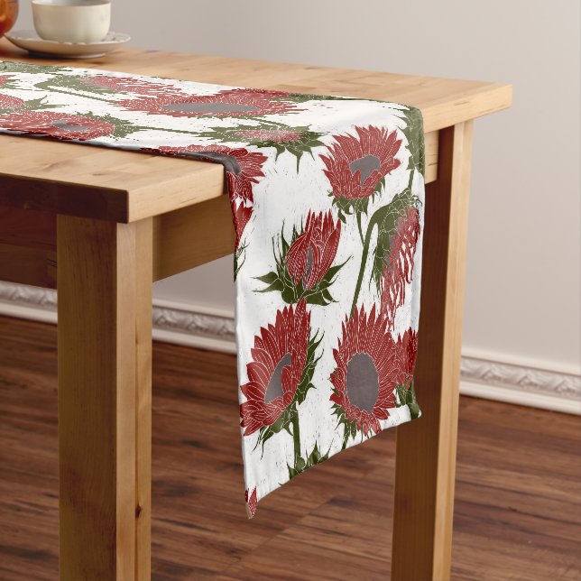 Woodblock Print Sunflower red Short Table Runner (In Situ)