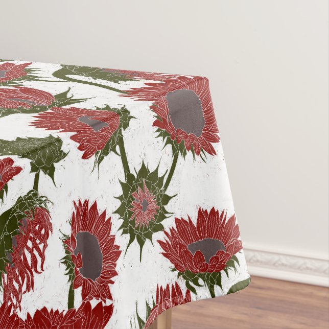 Woodblock Print Sunflower red Tablecloth (In Situ)