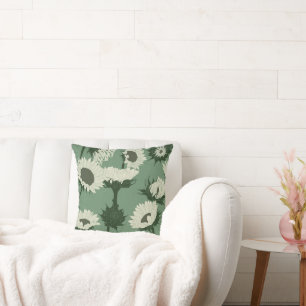 Woodblock Print Sunflower white Throw Pillow