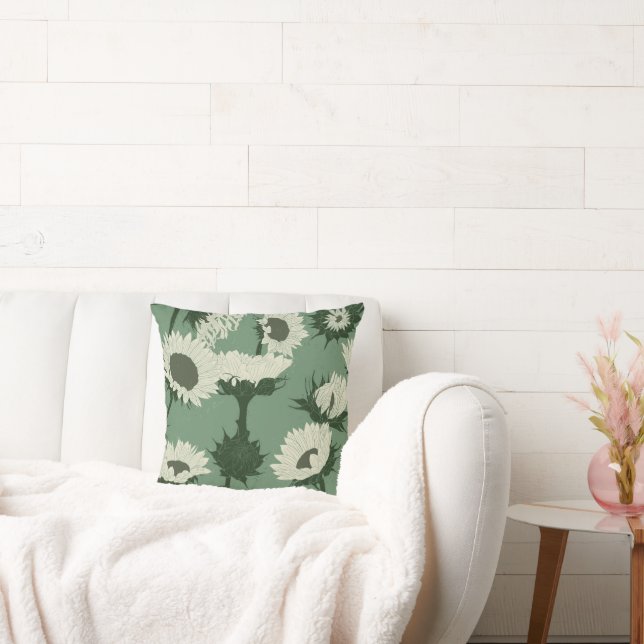 Woodblock Print Sunflower white Throw Pillow (Couch)