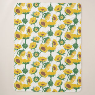 Woodblock Print Sunflower yellow Sherpa Blanket