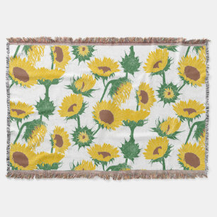 Woodblock Print Sunflower yellow Throw Blanket