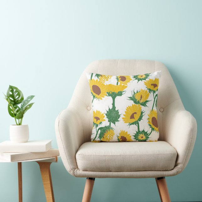 Woodblock Print Sunflower yellow Throw Pillow (Chair)