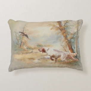 Woodcock Hunting with English Setter in forest, Ar Accent Pillow