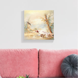 Woodcock Hunting with English Setter in forest, Ar Canvas Print