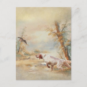 Woodcock Hunting with English Setter in forest, Ar Postcard