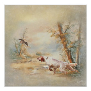 Woodcock Hunting with English Setter in forest, Ar Poster