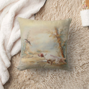 Woodcock Hunting with English Setter in forest, Ar Throw Pillow