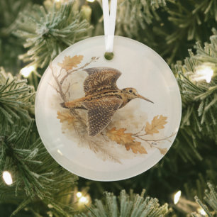 Woodcock in Flight , Autumn Woodland Nature Art Glass Ornament