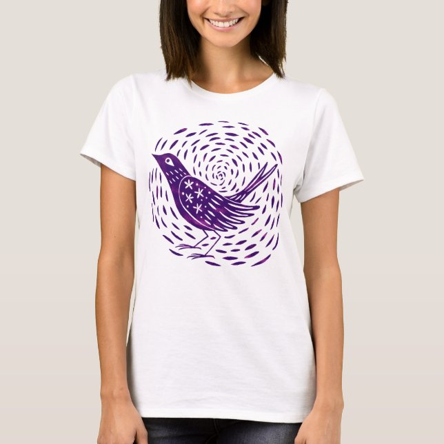 Woodcut Art Bird T-shirt Lino cut art print Bird (Front)