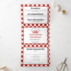 Woodcut Crab Beach All in One Wedding Tri-Fold Invitation