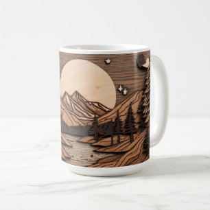 Woodcut Forest Night Scene Mug Pine & Mountain Art