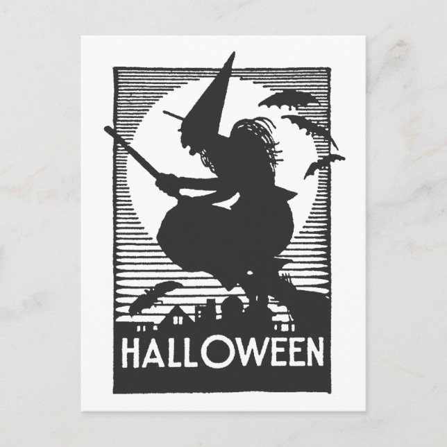 Woodcut Halloween Witch Postcard (Front)